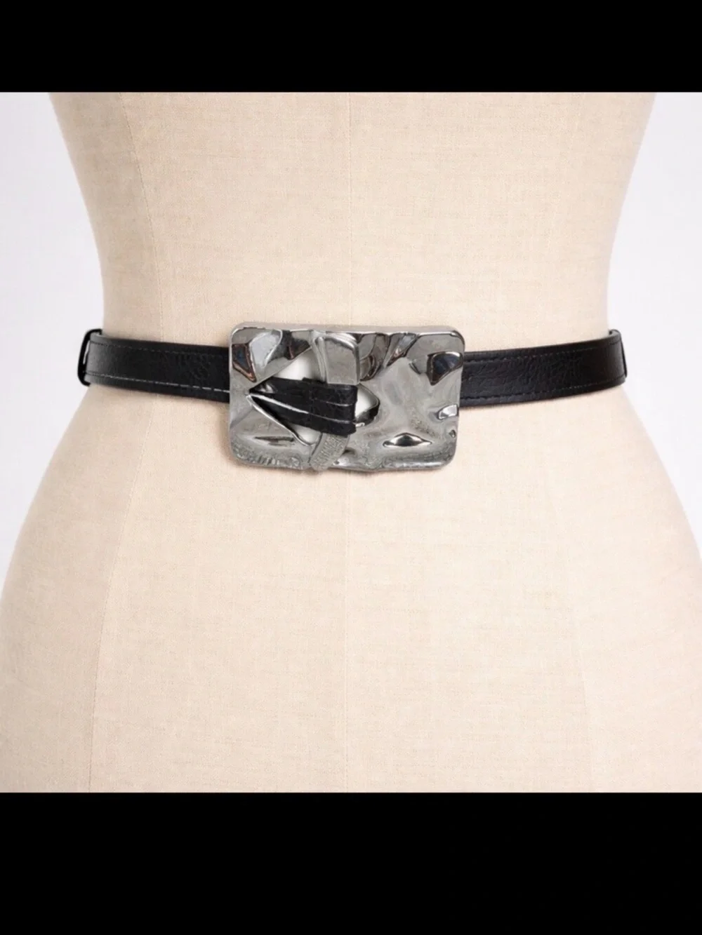 Chico’s Brutalist Silver Hammered Buckle Leather Belt medium large Vintage y2k